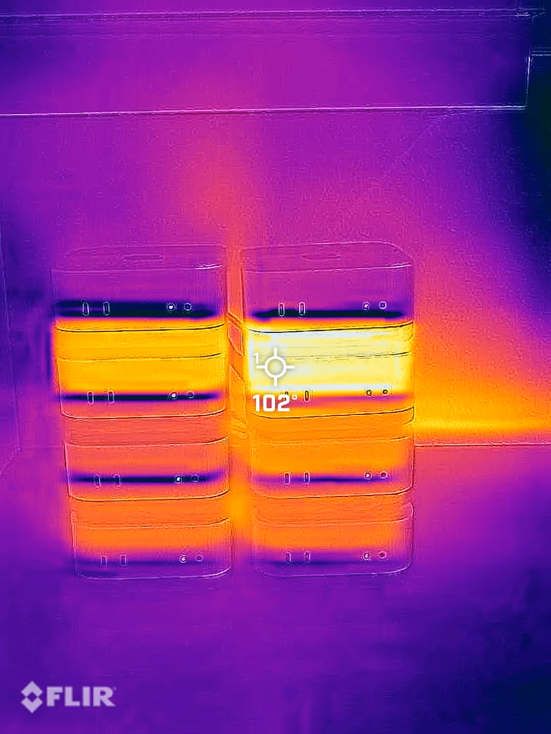 Thermal camera view showing the hottest Mac temperature within the cluster rack.